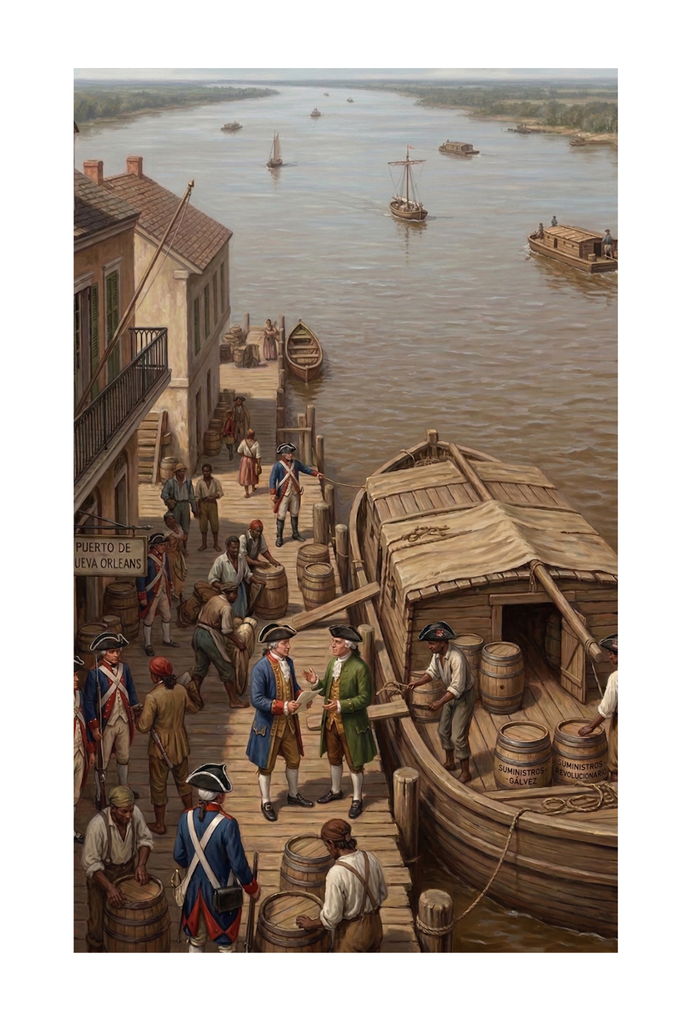 Colonial-era port scene at Nueva Orleans with Spanish soldiers, merchants, and boats on the Mississippi River